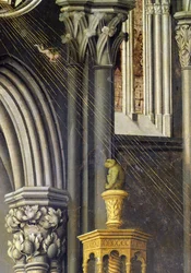 Het kindje Jezus valt uit de hemel van God de Vader in een lichtstraal. c.1445